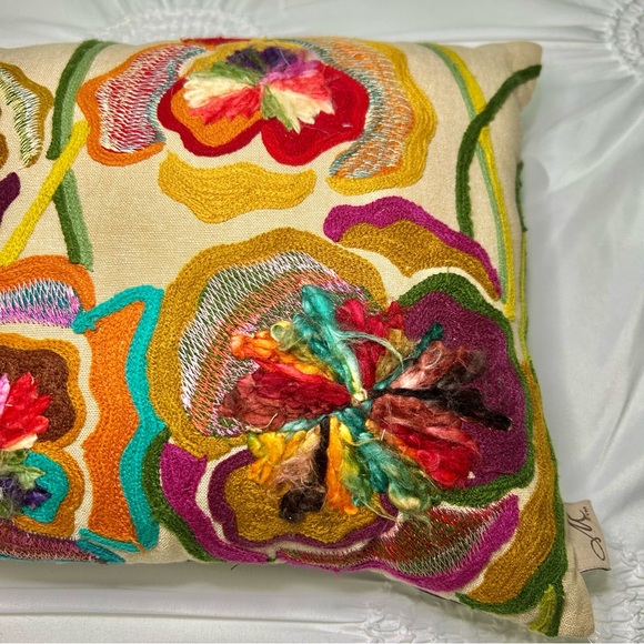 Vibrant Colorful Floral Embroidered Bohemian Accent Pillow - Picture 6 of 14